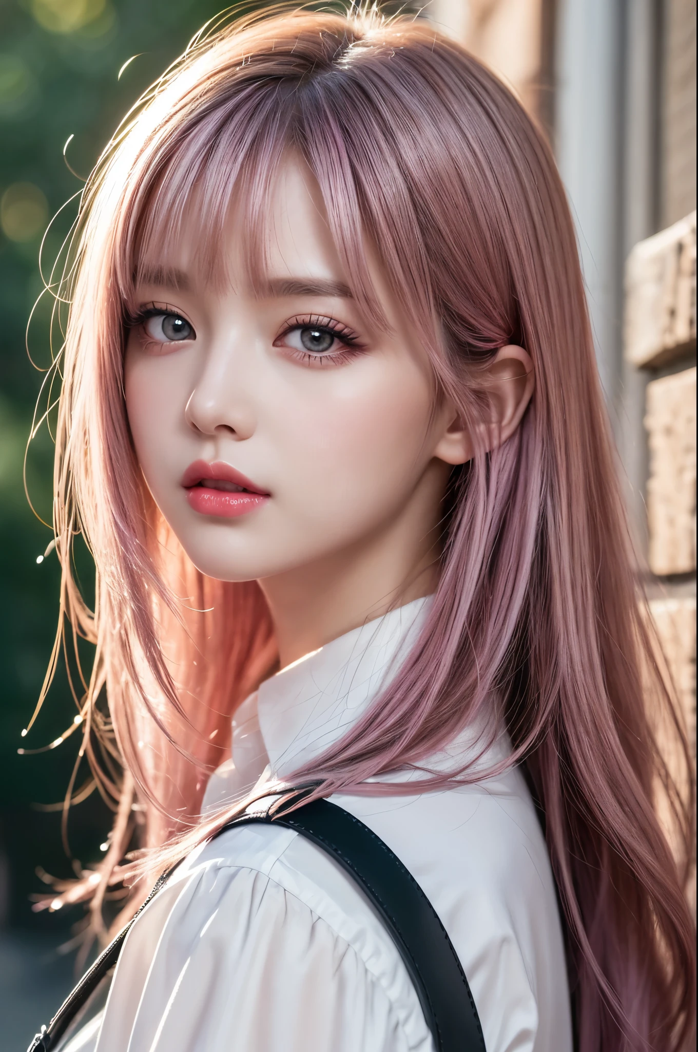 (best quality,8k,High resolution,masterpiece:1.2),Digital artwork, a girl,Detailed face,delicate eyes,pink purple hair,wavy long hair,shiny light pink eyes,red lips,Suspenders,Twenty generations