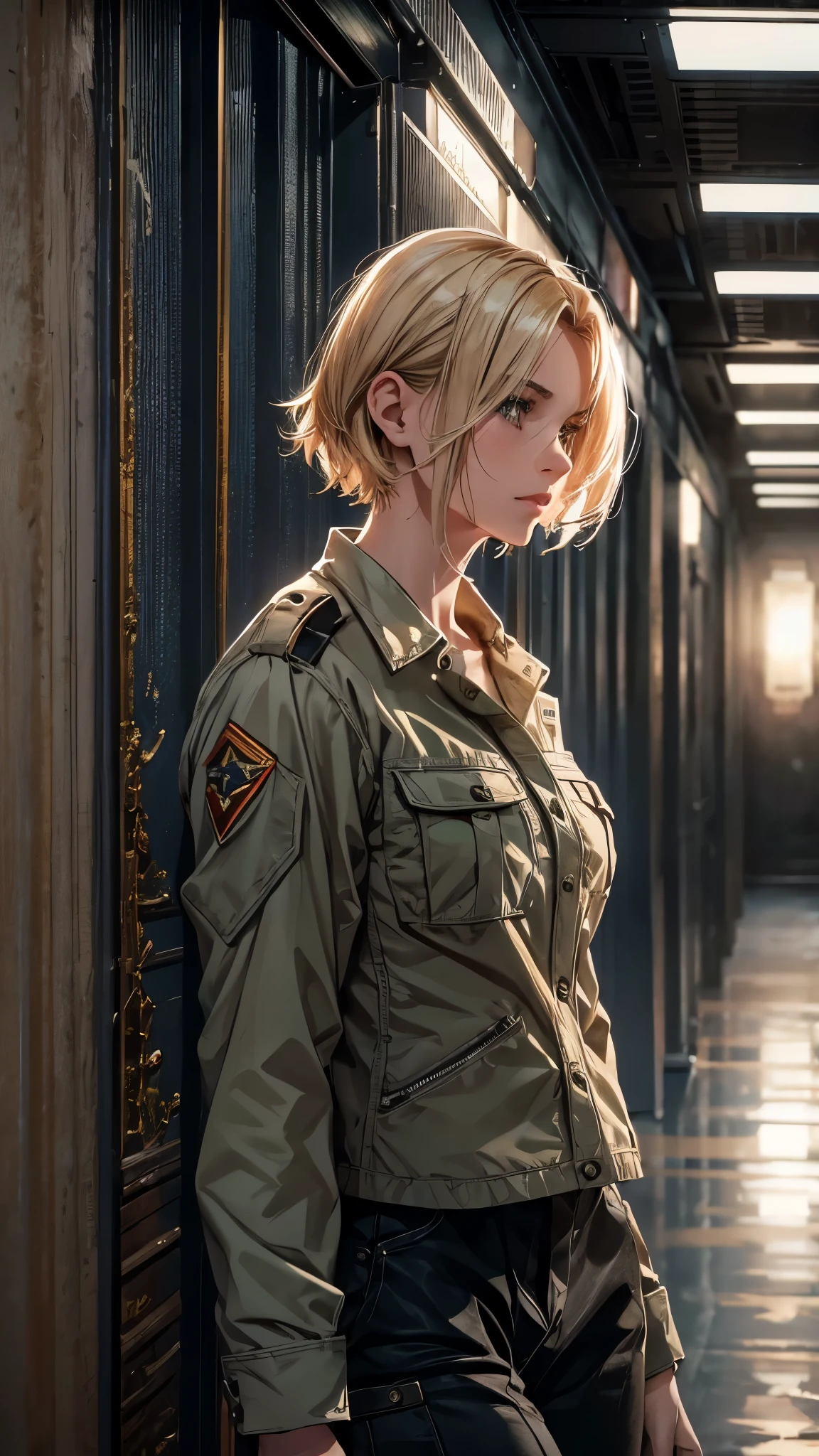 a woman in army style clothes, short blonde hair, walking in a dimly lit corridor, (best quality,4k,8k,highres,masterpiece:1.2),ultra-detailed,(realistic,photorealistic,photo-realistic:1.37),highres, extremely intricate interior, moody lighting, cinematic angle, warm color tones, detailed textures, dramatic shadows, graceful pose, focused expression