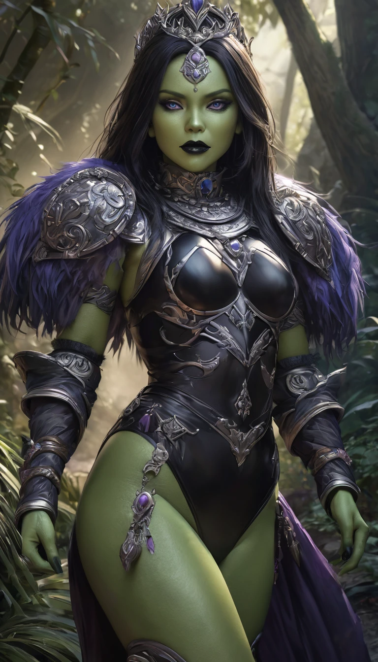 (best quality,4k,8k,highres,masterpiece:1.2), ultra-detailed, (realistic,photorealistic,photo-realistic:1.37),(Numerous award-winning masterpieces, incredibly detailed and textured, maximal resolution and clarity), (Hyper-realistic:1.4), (Realistic:1.3), super quality, beautiful detail, super detailed, extra fine, 16K, exquisite, absurd, high resolution. a (((green skinned, green skin))) female warrior, She has dark (black hair) and wears (black leotard with silver trim:1.2), (silver tiara), long black boots, fur fringe, fur shoulder pads. (detailed face, detailed eyes), long eyelashes, ((detailed lips)), narrow eyes, lavender colored eyes, piercing eyes, black lipstick, blue eyeshadow. Good hands, detailed hands.Eternia background, multicolor sky, 3 moons in the sky, multiple moons. Show her walking toward the camera, (confidently walking, determined stride:1.1). in a thick dark jungle, vines, purple trees, blue leaves. dramatic shadows.