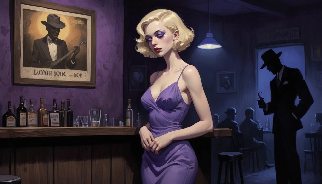 robert johnson, gritty, alabama bar, blue note, charismatic , purple dress, illustration, noir fantasy, lone blonde lady, sad ending, saxophonist