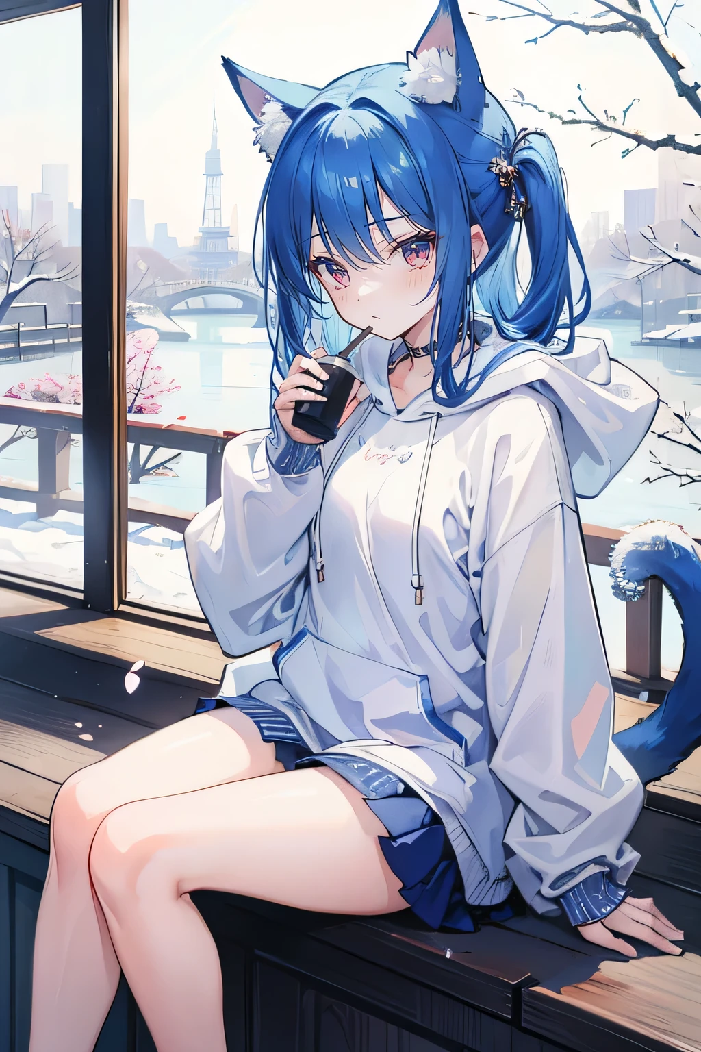 (Masterpiece:1.2),Ultra-detailed,lifelike,The eyes are expressive,Fair skin,Perfect face shape,1 girl,
Japanese Manga,Gorgeous blue hair,Flowing blue hair,Flowing clothes,Cat ears,Petals falling,Beautiful Lola,little angel,
Cross your legs,Gentle and peaceful background,Smile,Wearing a hoodie ,Tokyo background,background,heavy snow,winter.Highest quality,perfect face,sitting on window sill drinking coffee and looking out the window,six o'clock in the morning。