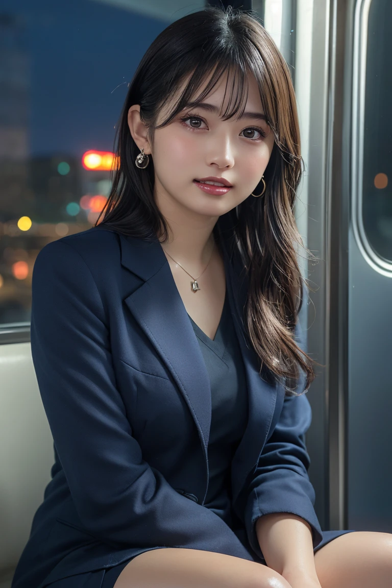 ((Upper Body))、(masterpiece:1.3), High resolution, Very detailed, Highly detailed CG Unity 8K wallpapers, Realistic, photo-Realistic, RAW Photos, Beautifully detailed face, Pale skin, Realistic glistening skin, Detailed cloth texture, Detailed hair texture, Perfect Style, Beautiful Face, Accurate, Anatomically correct, Very detailed顔と肌の質感, fine grain, Brown eyes, double eyelid, Thin eyebrows, (Droopy eyes:0.65), (Glitter Eyeliner:1.2), Natural Cheeks, Glowing Skin, (Fair skin:1.2), Shiny necklace and earrings, (Glossy Lips: 1.4),
break
(Classy and cute girl:1.3), (High ponytail hairstyles, Wavy Hair, Dark brown hair), (Captivating smile:1.2) (Wear an elegant business suit:1.3), (Black Stockings), Medium large breasts,
break
((Cowboy Shot:1.2)), (Cross-legged sitting pose:1.4), At the train door, ((Night city view:1.2)),