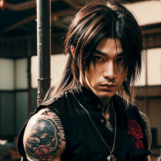 1 man, Japanese man, male, Asian eyes, muscular, broad shoulders, yakuza tattoos, hairstyle Visual Kei style, hair Visual Kei, black men's shirt and black pants, ultra detailed face, hyperrealistic, realistic representation, long hair, long hair, 30 years old, age 30 years, blond, blonde hair