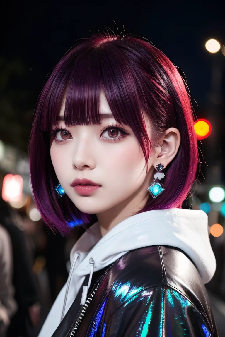 Redhead、Goth_punk, One Girl, alone, Medium Shot, Walking around Harajuku, ((at night)), Bokeh Depth of Field, Neon Light, Rainbow Eyes, Starry Sky, Red glowing hair, White eyebrows, Shiny Hair, (Iridescent white hair), Earrings, Bans, gem, mask, Blunt bangs, Veld's Eye, 口mask, Blurred背景, Blurred, hair ornaments, Look at the viewers, short hair, Portraiture, Side Lock