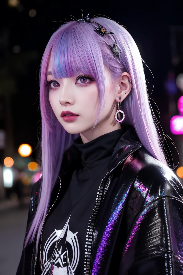 Redhead、Goth_punk, One Girl, alone, Medium Shot, Walking around Harajuku, ((at night)), Bokeh Depth of Field, Neon Light, Rainbow Eyes, Starry Sky, Red glowing hair, White eyebrows, Shiny Hair, (Iridescent white hair), Earrings, Bans, gem, mask, Blunt bangs, Veld's Eye, 口mask, Blurred背景, Blurred, hair ornaments, Look at the viewers, short hair, Portraiture, Side Lock