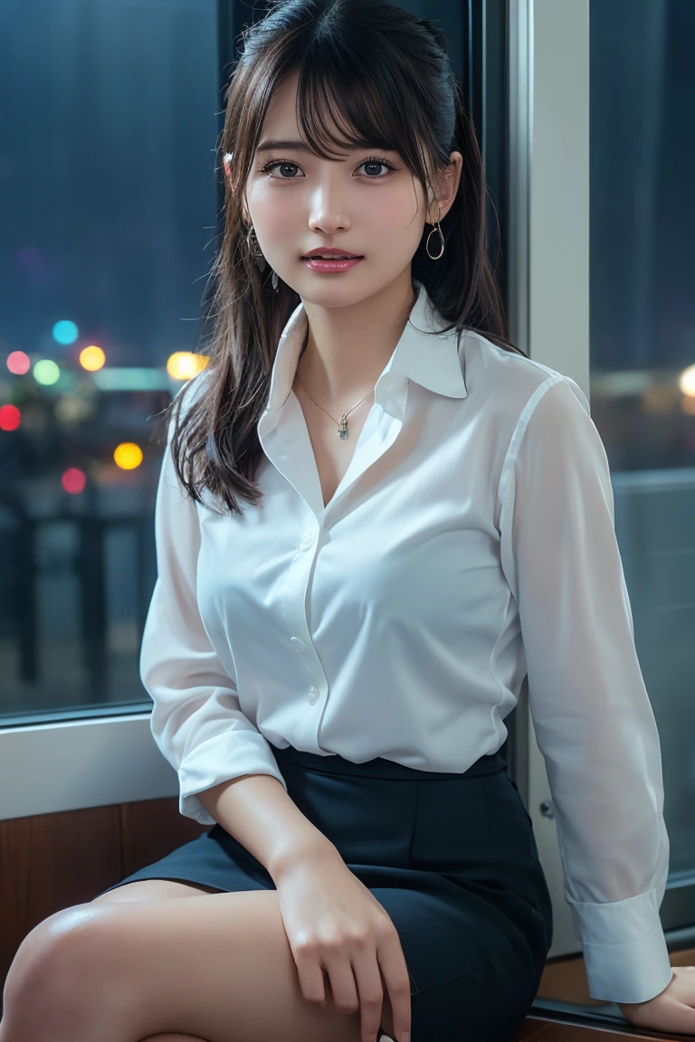 ((Upper Body))、(masterpiece:1.3), High resolution, Very detailed, Highly detailed CG Unity 8K wallpapers, Realistic, photo-Realistic, RAW Photos, Beautifully detailed face, Pale skin, Realistic glistening skin, Detailed cloth texture, Detailed hair texture, Perfect Style, Beautiful Face, Accurate, Anatomically correct, Very detailed顔と肌の質感, fine grain, Brown eyes, double eyelid, Thin eyebrows, (Droopy eyes:0.65), (Glitter Eyeliner:1.2), Natural Cheeks, Glowing Skin, (Fair skin:1.2), Shiny necklace and earrings, (Glossy Lips: 1.4),
break
(Classy and cute girl:1.3), (High ponytail hairstyles, Wavy Hair, Dark brown hair), (Captivating smile:1.2) (Wear an elegant business suit:1.3), (Black Stockings), Medium large breasts,
break
((Cowboy Shot:1.2)), (Cross-legged sitting pose:1.4), At the train door, ((Night city view:1.2)),