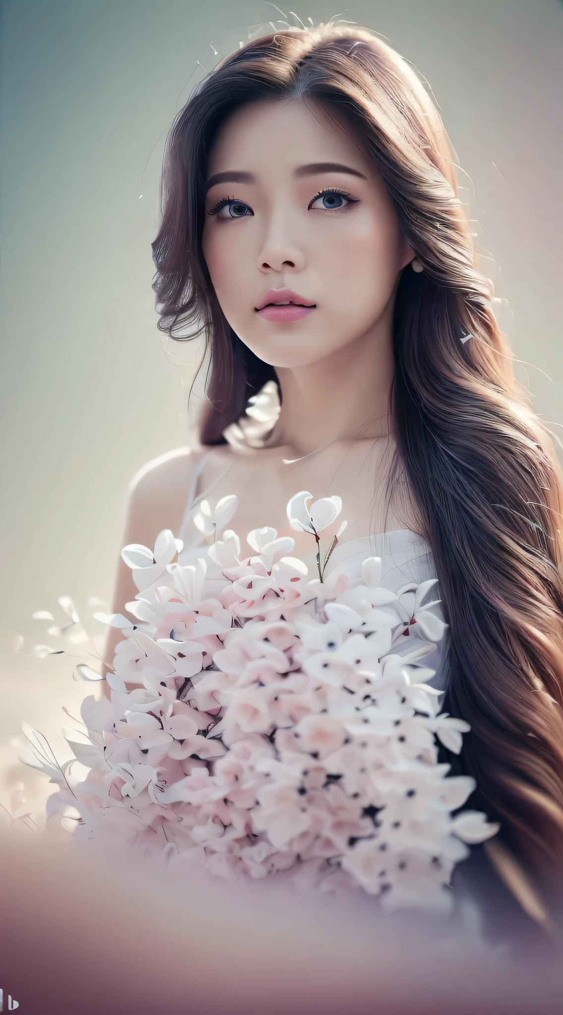 (Best quality, 4K, 8K, A high resolution, Masterpiece:1.2), Ultra-detailed, (Realistic, Photorealistic, photo-realistic:1.37), Portrait, Beautiful flowing long hair, Gray iris，vacant gaze, Plump pink lips, The ends of the hair are dotted with white flowers, Slender figure, Panoramic view, black formal, Detailed legs