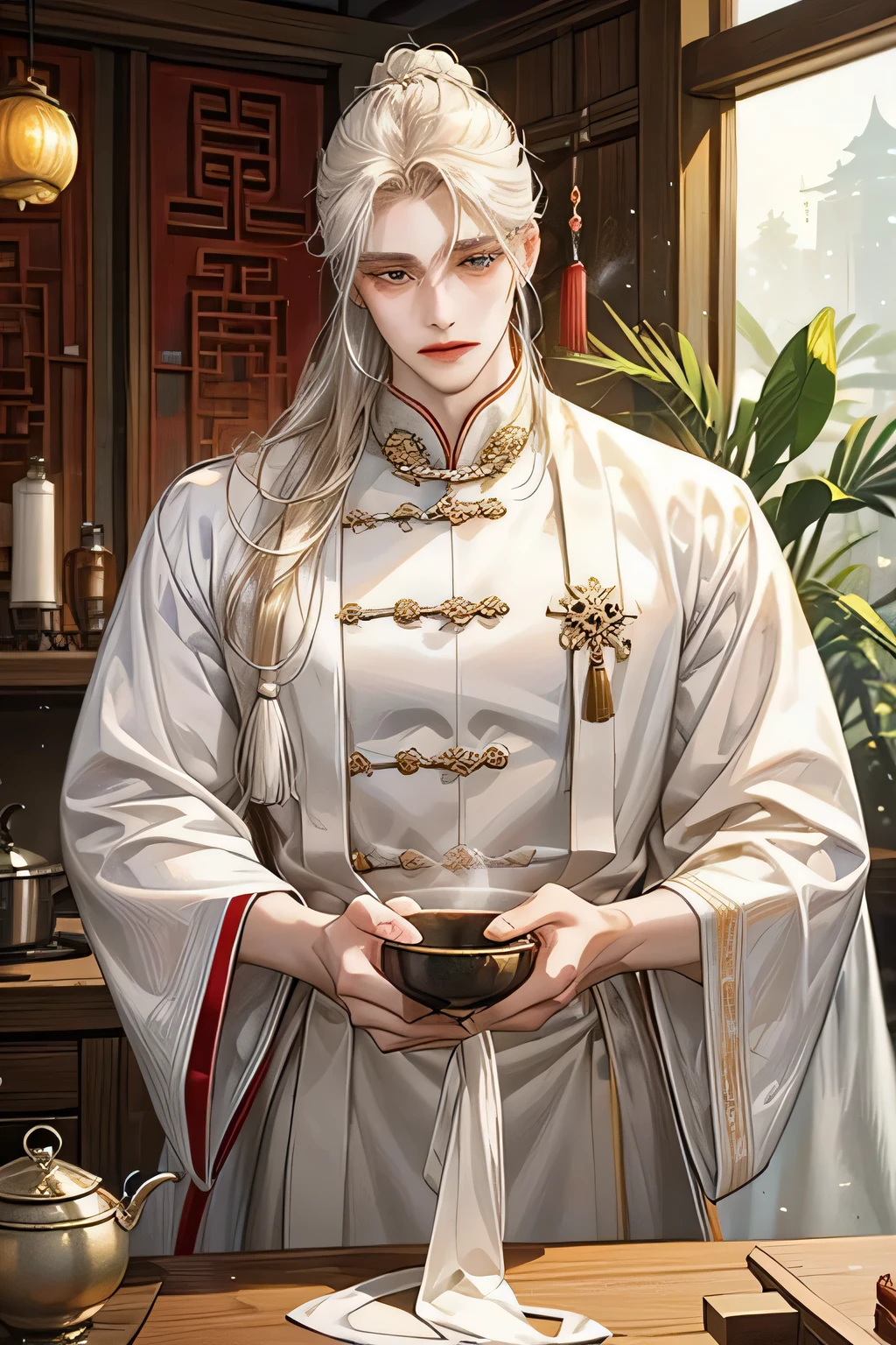 An ethereal handsome young man, white long hair twist to bun, beautiful eye, long lashes, white traditional Chinese cloths, brewing Chinese herbal medicine in wooden kitchen, one hand lifts and stirs the medicine in the pot, the light originates from the medicine pot, stream, soft light, masterpiece, hi-quality,