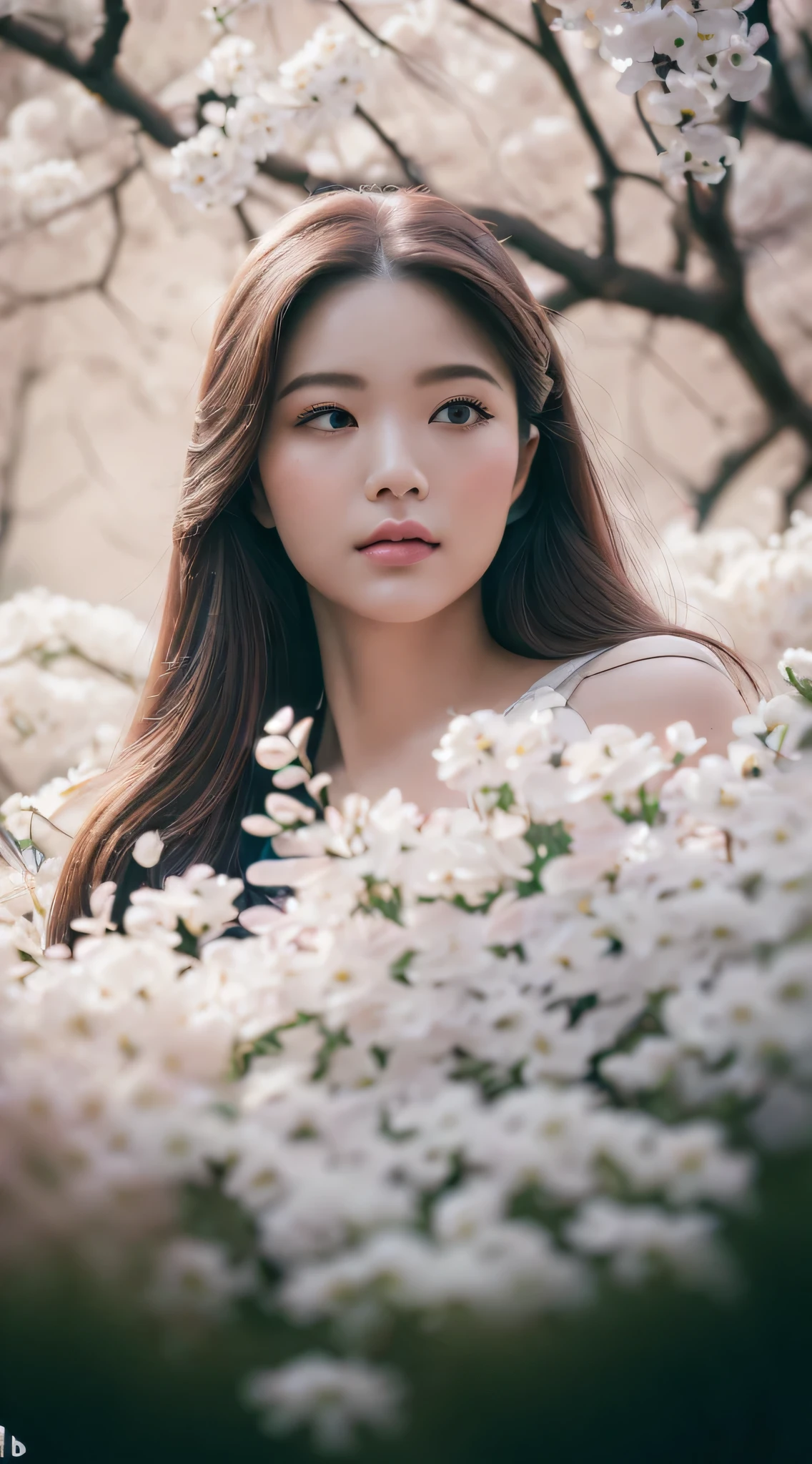 (Best quality, 4K, 8K, A high resolution, Masterpiece:1.2), Ultra-detailed, (Realistic, Photorealistic, photo-realistic:1.37), Portrait, Beautiful flowing long hair, Gray iris,vacant gaze, Plump pink lips, The ends of the hair are dotted with white flowers, Slender figure, Panoramic view, black formal, Detailed legs
