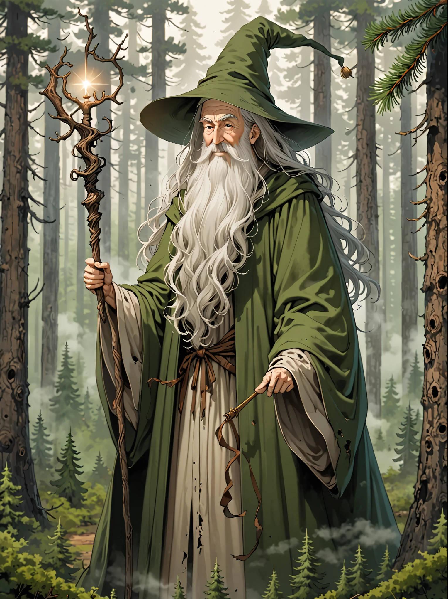 solo, tiny male, simple oversized green robe, extremely old and wise wizard, white conic hat, long beard, whimsical, pine forest, wand, extremely long and bushy eyebrows, knowing smile, tattered clothes, mist