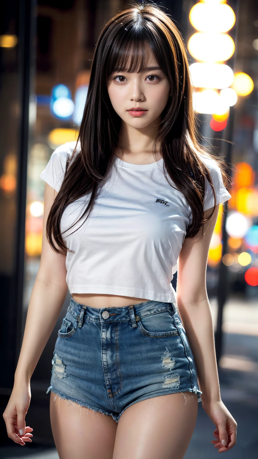 masterpiece, best quality, illustration, Super detailed, fine details, High resolution, 8K,wall paper, perfect dynamic composition,(Details High quality, realistic depiction of eyes:1.3), (Fashionable, white t-shirt, a denim miniskirt), large breasts, black hair color, bold sexy pose, Big Natural Color Lip, bitch, Harajuku style、20 year old girl、cute type、lolita、beautiful legs, night club, at midnight, Gravure Idol