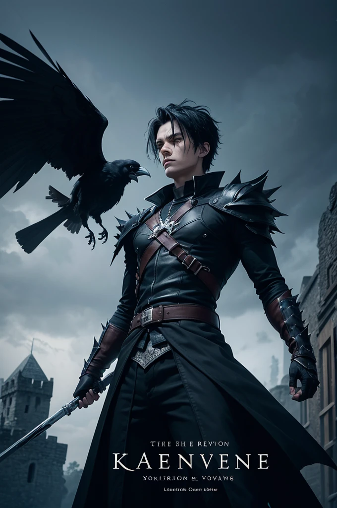 main image: Raven no center, with black spiky hair and one deep black eye. He is standing in a determined posture.
Scenario: The demon king's castle in the background, with a dark and threatening atmosphere.
Additional Elements: The syringe with dark blue liquid in Raven's hand, shining slightly. Raven's eye glowing navy blue.
enviroment: Dark and gloomy tones, with dramatic lighting highlighting Raven and the castle.
Create a cover