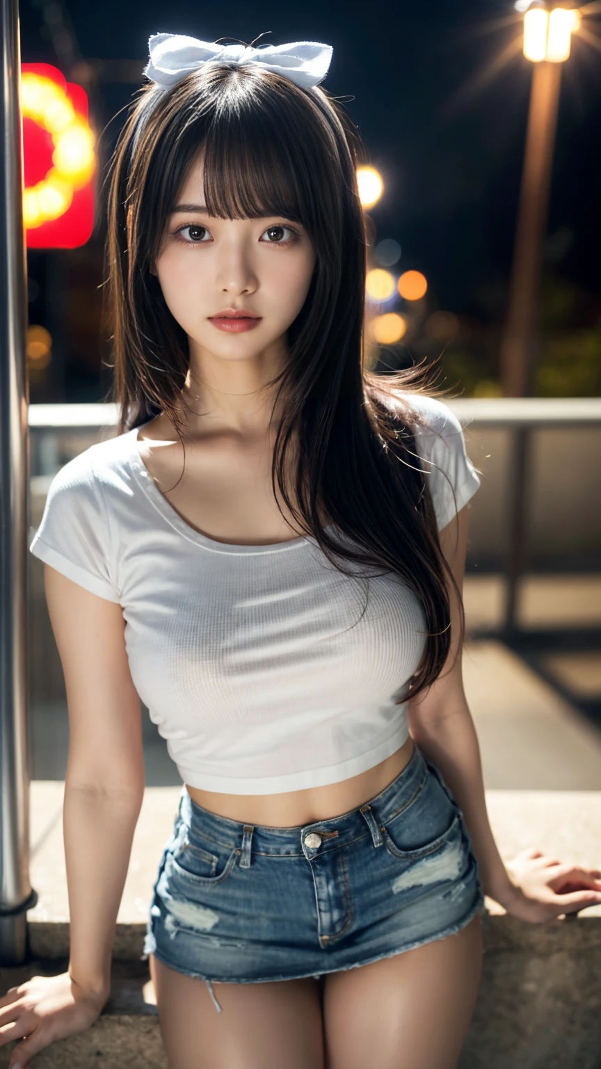 masterpiece, best quality, illustration, Super detailed, fine details, High resolution, 8K,wall paper, perfect dynamic composition,(Details High quality, realistic depiction of eyes:1.3), (Fashionable, white t-shirt, a denim miniskirt), large breasts, black hair color, bold sexy pose, Big Natural Color Lip, bitch, Harajuku style、20 year old girl、cute type、lolita、beautiful legs, night club, at midnight, Gravure Idol