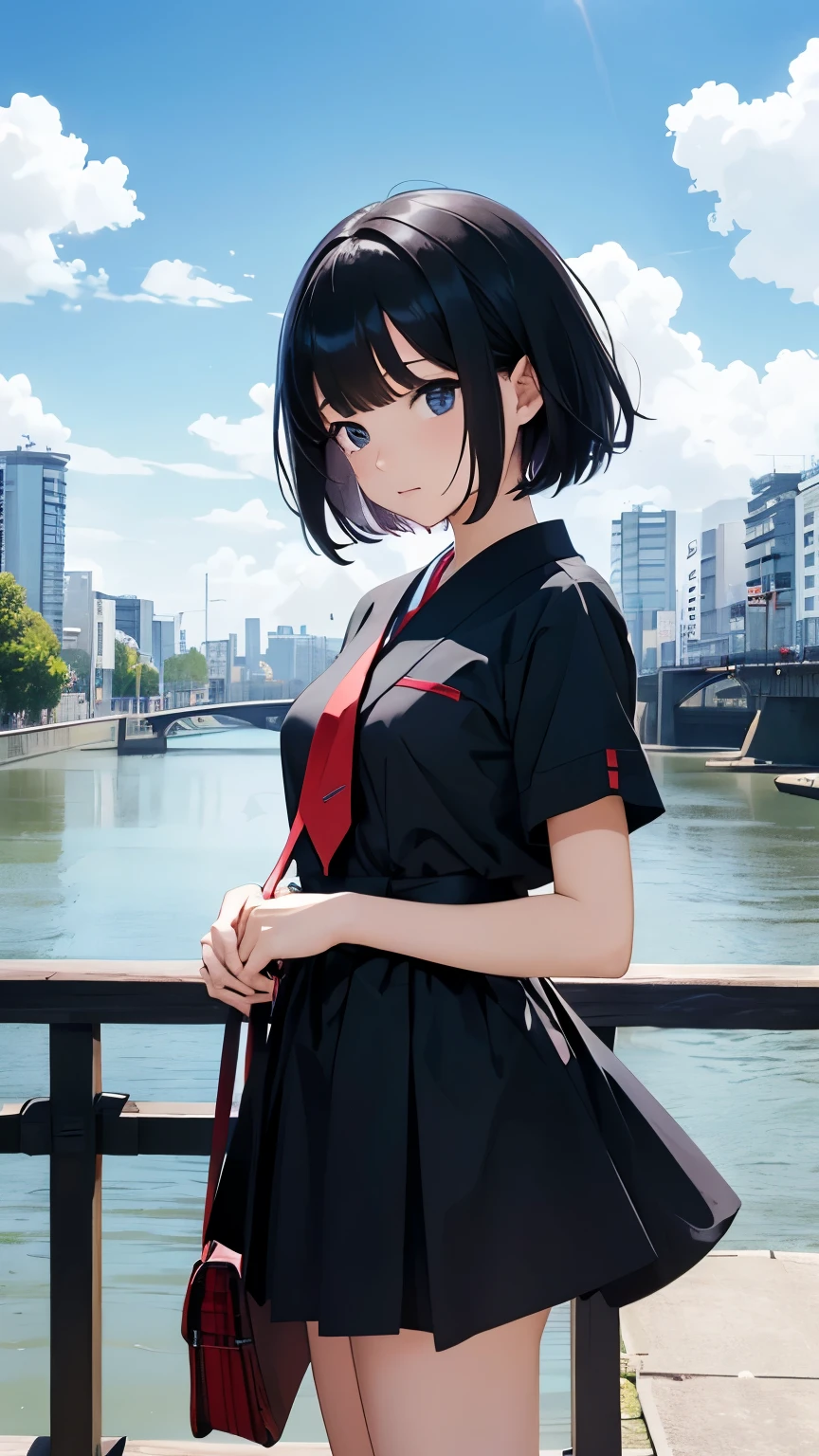 1 Girl,Bangs,Black_hair,blue_sky空,bridge,architecture,castle,City,Cityscape,cloud,sky,skirt,Watching_exist_Viewer,outdoor,Red_tie,Red_Ribbon,Ribbon,river,short_hair,short_sleeve,sky空,sky空scraper,Solitary,permanent,town,wexister,(masterpiece,Japanese cartoons,newest,new,exception:1.2),