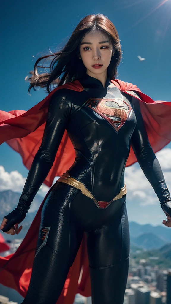 Woman wearing detailed SuperMan costume with full sleeves covering the entire body, short black hair, serious face, (flying in sky), vivid colors, dramatic lighting, red cape, cinematic costume, carbon fiber detailed suit,