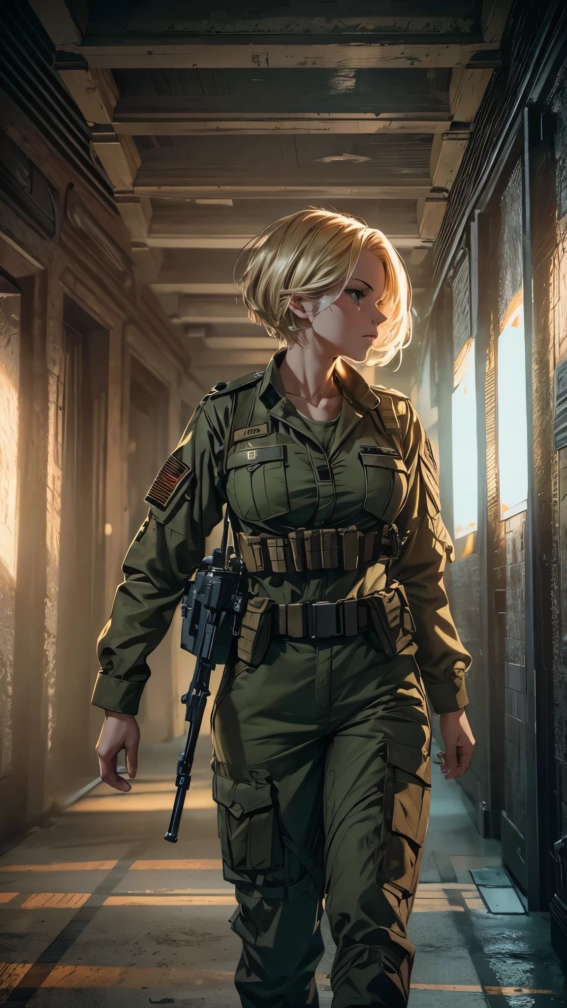 a woman in army style clothes, short blonde hair, walking in a dimly lit corridor, (best quality,4k,8k,highres,masterpiece:1.2),ultra-detailed,(realistic,photorealistic,photo-realistic:1.37),highres, extremely intricate interior, moody lighting, cinematic angle, warm color tones, detailed textures, dramatic shadows, graceful pose, focused expression