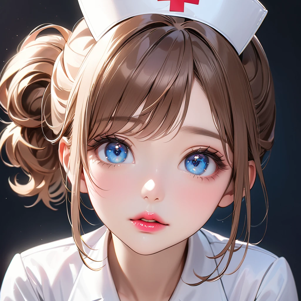 Highest quality, masterpiece, Ultra-high resolution, Realistic:1.2, RAW Photos, Intricate details, Portraiture, Big beautiful blue eyes:1.2, Perfect contours, Girl, break ((facing viewer, upper body:1.2, upturned eyes:1.2)), ((petite, short, tiny girl:1.2)), Brown Hair、((updo:1.2)), (makeup:1.2, parted mouth, full lips:1.3, pink lips:1.2, shiny lips:1.2), ((Top-class nurse:1.2)), (Luxurious, shiny, pure white nurse uniform), break sitting with one's chin resting on one's hands on a table in the hospital cafeteria:1.2、((Have an electronic thermometer:1.2))、 ((The background is the hospital cafeteria.:1.2、Several people eating、The menu is posted on the wall))、