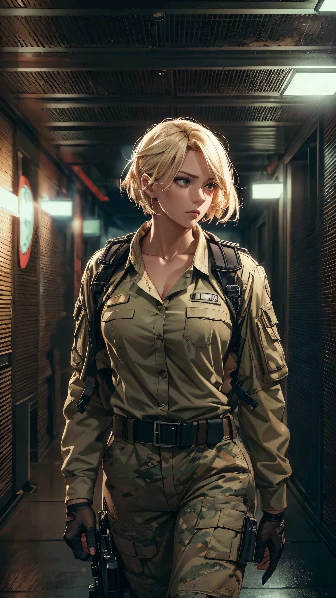 a woman in army style clothes, short blonde hair, walking in a dimly lit corridor, (best quality,4k,8k,highres,masterpiece:1.2),ultra-detailed,(realistic,photorealistic,photo-realistic:1.37),highres, extremely intricate interior, moody lighting, cinematic angle, warm color tones, detailed textures, dramatic shadows, graceful pose, focused expression