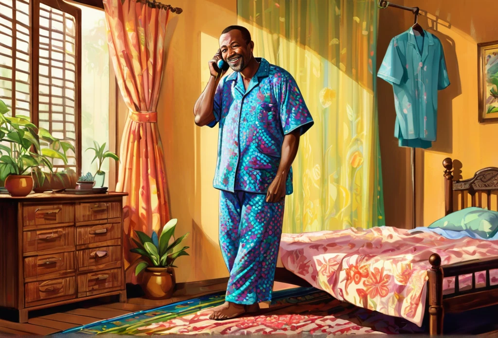A 45 years old man, standing, wearing pajamas speaking on the phone while reaching out to collect something with his other hand Indoor. 
African (masterpiece best quality:1.2) delicate illustration ultra-detailed, illustrations, bright, colourful, 