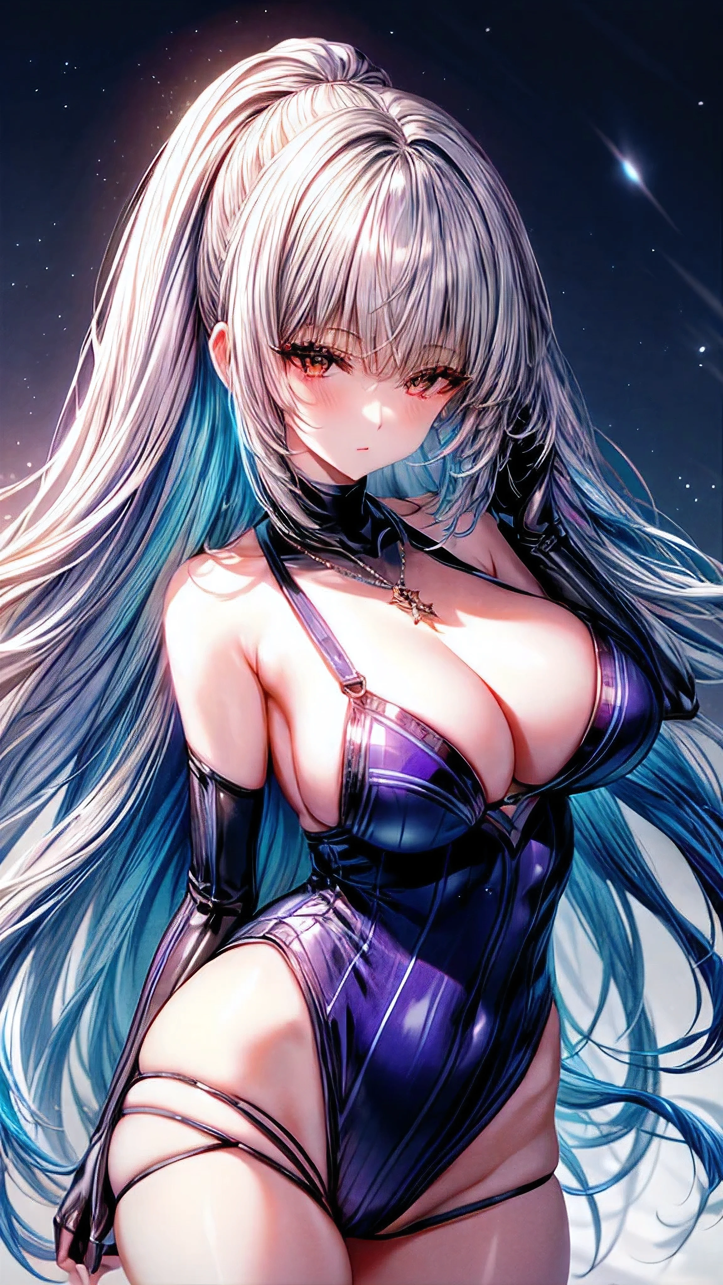 Highest quality, masterpiece, High resolution, girl, blonde, blue eyes, fashion, necklace, jewelry, Pretty face, Perfect breasts, is more than_body, Tyndall effect, Real, Dark studio, Side light, 2-color illumination, (HD Skins:1.2), girl1人, 20-year-old girl, One person, (Silvery blue hair with pink and purple stripes:1.4), (Gradient sky blue hair tip:1.6), hair, Ridiculously long hair, Single Side Lock, Wavy Hair, Shine髪, Floating Hair, (Fantastic deep purple eyes), Delicate eyes, Aqua Eye, Very fine eye, Long upper eyelashes, ((Glowing Eyes)), compensate, Focus on the face, Highly detailed facial, 熱いbody, break, on the road, Gazing at the starry sky, meteor, Technical clothing masterpiece, White extra long skirt, cyber punk, Detailed Background, The perfect layered cut, clean focus, realism, Chiaroscuro, (Shine光), Shine, Ray Tracing, Cinema Lighting, Futurism, Motion Blur, Atmospheric perspective, Depth of written boundary, Bokeh, Highest quality, 超High resolution, Super Detail, masterpiece, High resolution, Accurate, retina, Anatomically correct