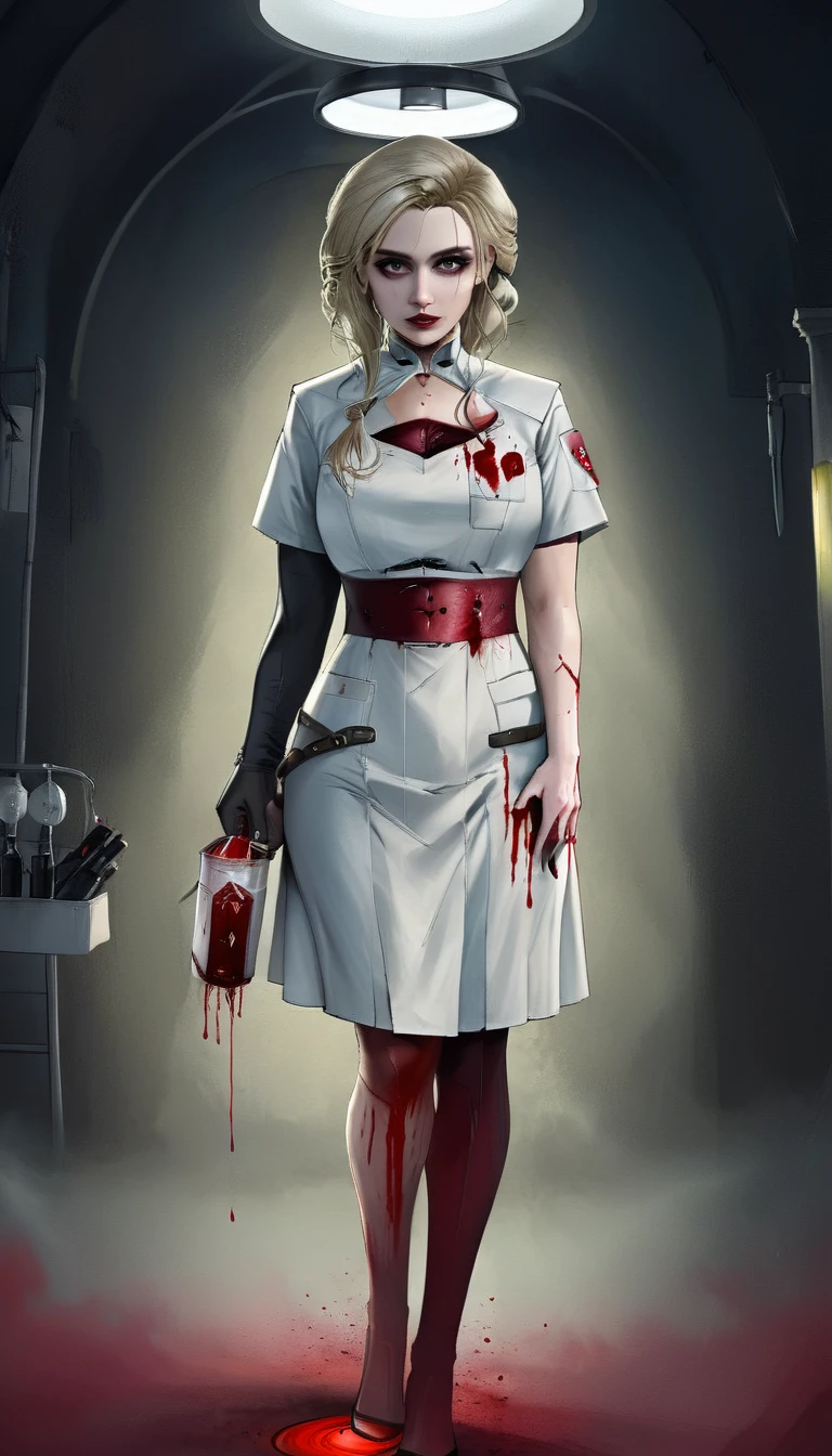 a picture of vampire nurse in a dark hospital, goth hospital, exquisite beautiful nurse, ((full body shot: 1.5)), ((anatomically correct: 1.5)), (ultra detailed face: 1.2), pale skin, dynamic hair style, dynamic hair color, wearing white silk nurse, small cleavage, robes, white skirt,(holding blood transfusion bag: 1.3), BloodSoakedAI, goth hospital background, dark fantasy art, goth art, Hyperrealism style, vibrant, Ultra-high resolution, High Contrast, (masterpiece:1.5), highest quality, Best aesthetics), best details, best quality, highres, ultra wide angle, 16k, [ultra detailed], masterpiece, best quality, (extremely detailed) RAW, BloodSoakedAI, Hyperrealism style