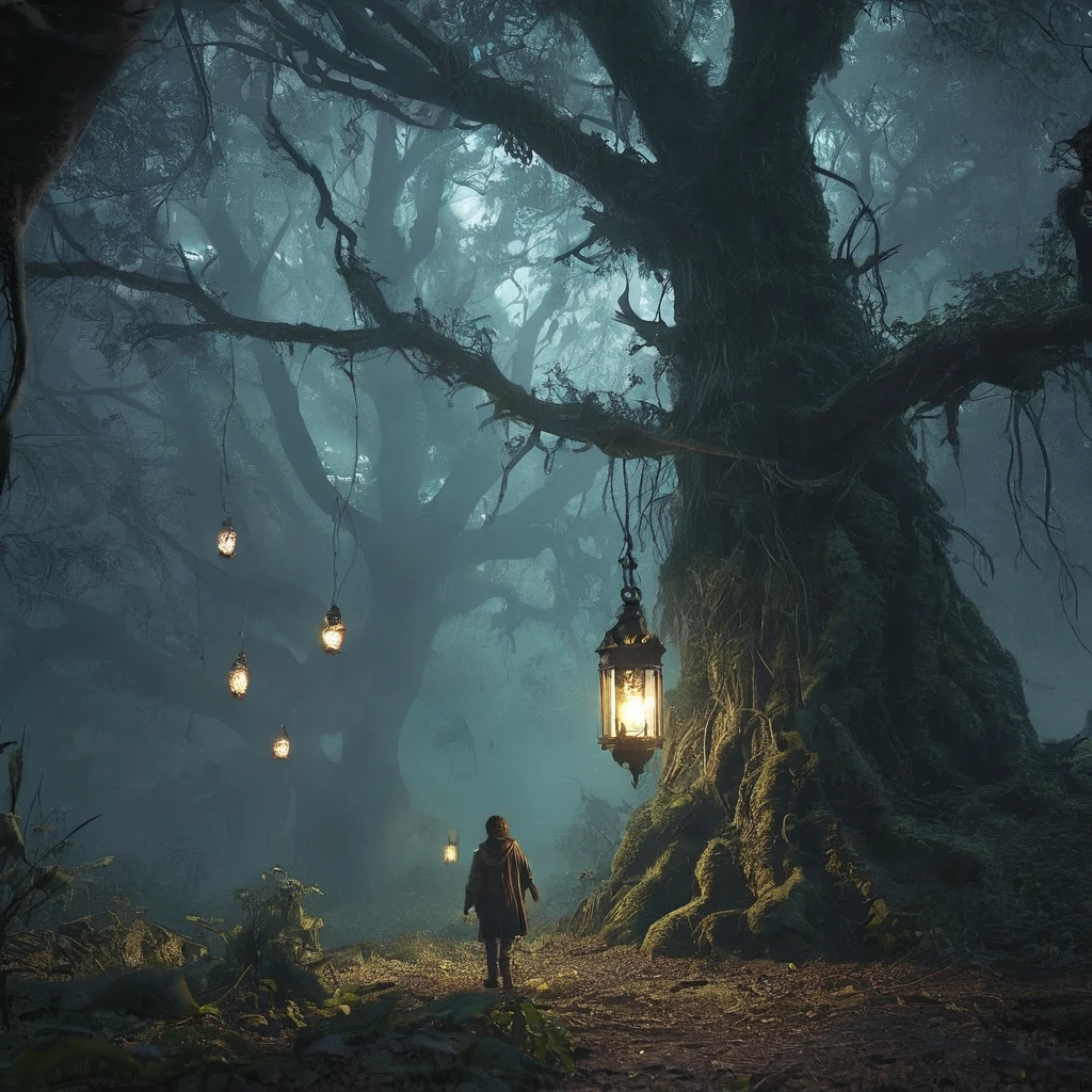 A curly brown-haired boy walks cautiously through a dark, foreboding forest in the afternoon. The dense canopy overhead allows only slivers of sunlight to pierce through, casting eerie shadows on the forest floor. The boy, dressed in ragged medieval clothing, holds a small lantern that flickers with a faint, almost desperate light. The twisted trees loom ominously around him, their gnarled branches resembling grasping hands. In the distance, faint whispers and the rustling of unseen creatures heighten the sense of danger and mystery in this medieval dark fantasy setting.