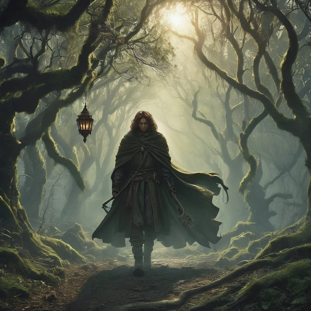 A curly brown-haired boy walks cautiously through a dark, foreboding forest in the afternoon. The dense canopy overhead allows only slivers of sunlight to pierce through, casting eerie shadows on the forest floor. The boy, dressed in ragged medieval clothing, holds a small lantern that flickers with a faint, almost desperate light. The twisted trees loom ominously around him, their gnarled branches resembling grasping hands. In the distance, faint whispers and the rustling of unseen creatures heighten the sense of danger and mystery in this medieval dark fantasy setting.