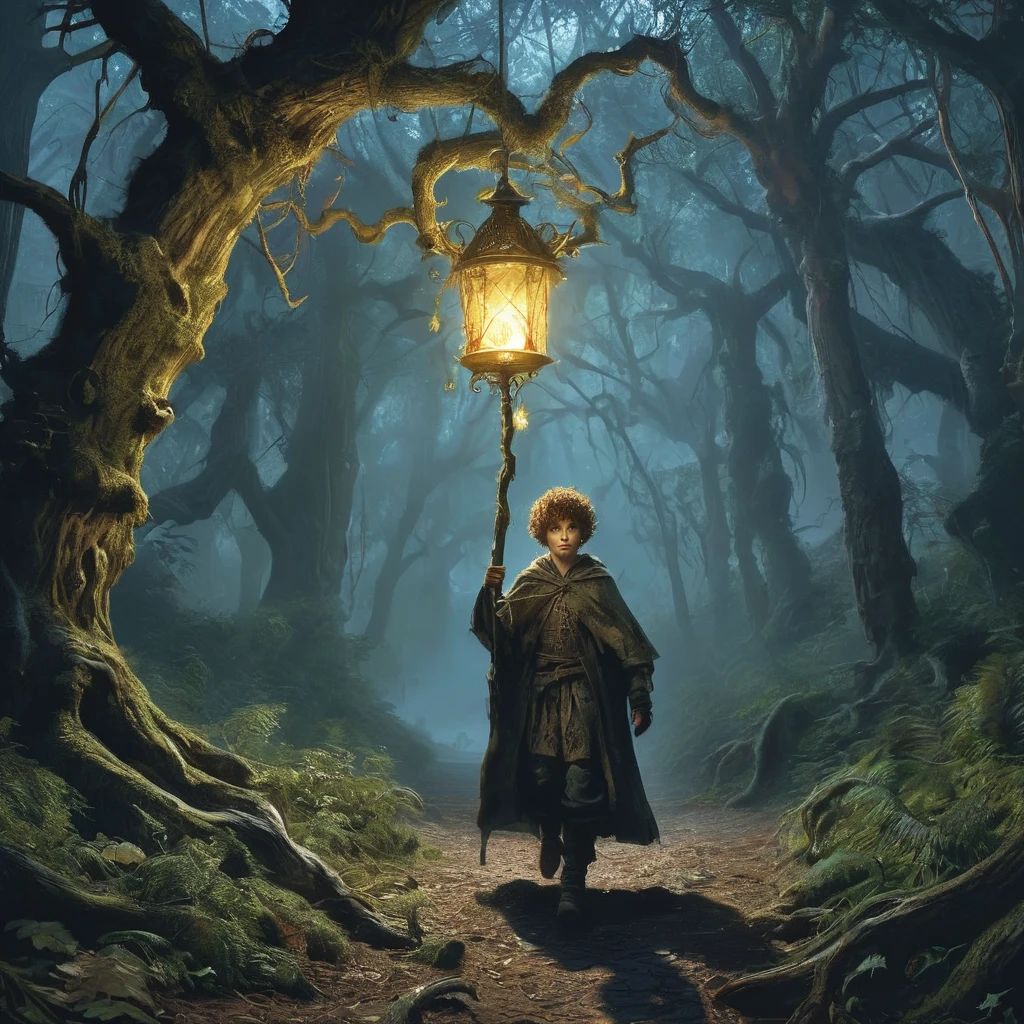 A curly brown-haired boy walks cautiously through a dark, foreboding forest in the afternoon. The dense canopy overhead allows only slivers of sunlight to pierce through, casting eerie shadows on the forest floor. The boy, dressed in ragged medieval clothing, holds a small lantern that flickers with a faint, almost desperate light. The twisted trees loom ominously around him, their gnarled branches resembling grasping hands. In the distance, faint whispers and the rustling of unseen creatures heighten the sense of danger and mystery in this medieval dark fantasy setting.