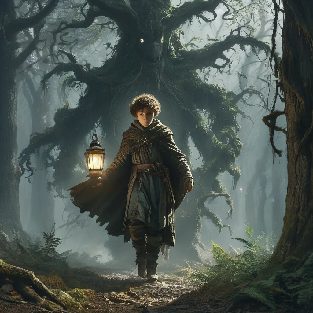 A curly brown-haired boy walks cautiously through a dark, foreboding forest in the afternoon. The dense canopy overhead allows only slivers of sunlight to pierce through, casting eerie shadows on the forest floor. The boy, dressed in ragged medieval clothing, holds a small lantern that flickers with a faint, almost desperate light. The twisted trees loom ominously around him, their gnarled branches resembling grasping hands. In the distance, faint whispers and the rustling of unseen creatures heighten the sense of danger and mystery in this medieval dark fantasy setting.