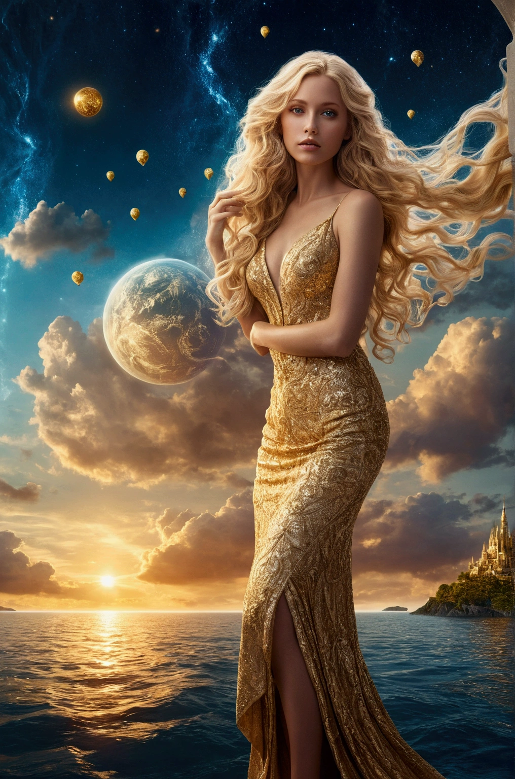 In a surreal, fantastical world, our stunning woman with extra long wavy blonde hair possesses eyes that seem to hold the secrets of the universe. She stands amidst floating islands in the sky, her hair cascading like a waterfall of gold. The atmosphere is otherworldly, with a sense of magic and wonder. This prompt is executed in a highly detailed digital art style, combining realism with fantasy elements, using a wide-angle lens (24mm) to capture the grandeur of the scene,