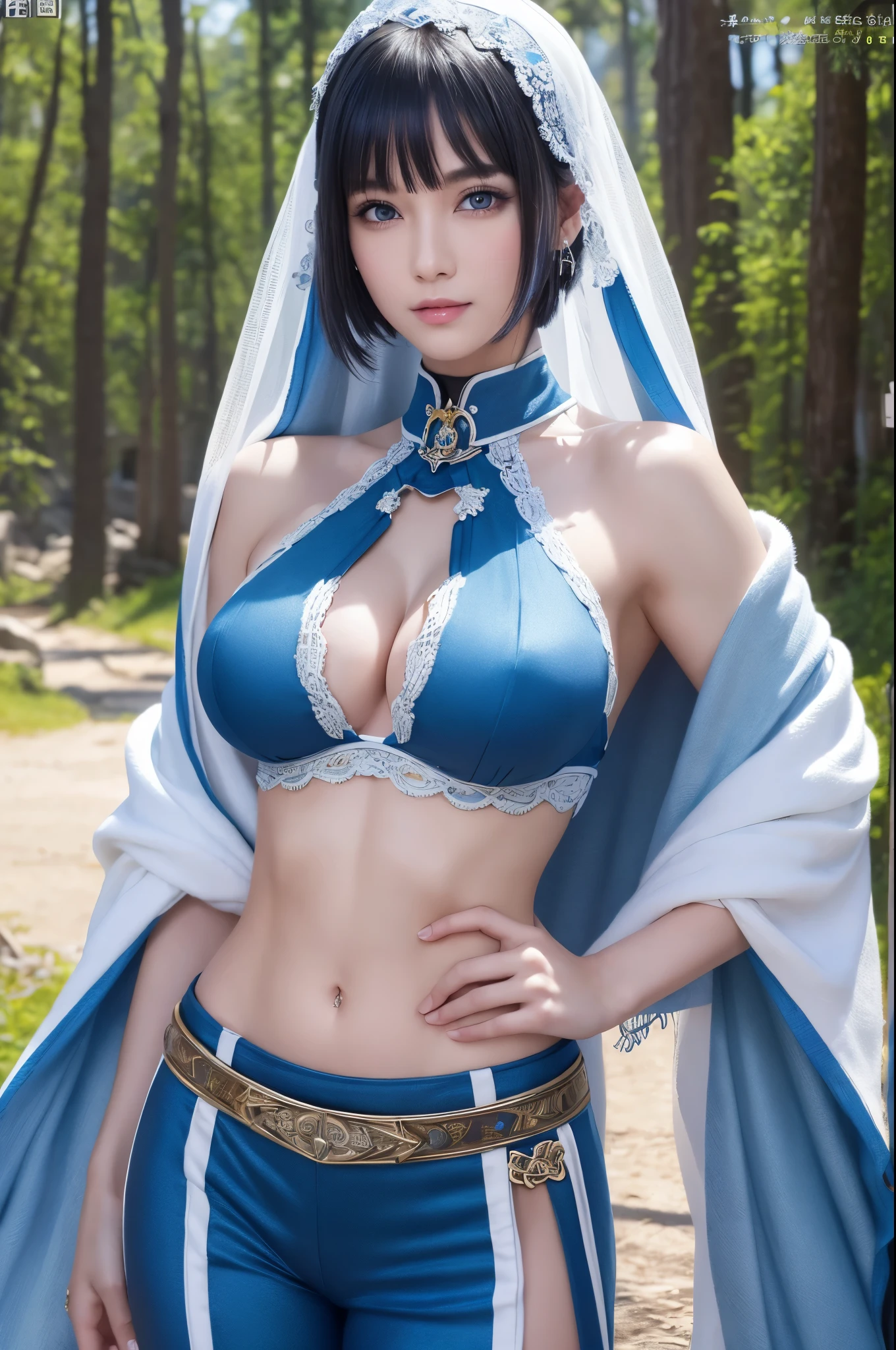 8k,非常に大きな胸と非常に大きな胸を持つアラフィフのwoman, Very detailed, so beautiful(Like the real thing),Shining Eyes,Pale skin(Ultra-Realistic Skin),smile,Muscular and macho、そしてスレンダーボディの悪魔のようなwoman,Short blue mohawk(Blue Shorthair),woman&#39;My abdominal muscles are severely torn,Fan Art Best Art Station, うわー and Types of bacteria,  Types of bacteria, 2. 5d cgi anime Fantasy artwork, High quality and detailed art, Up to the model ,Photorealistic RAW photos of the highest quality。so beautiful(Like the real thing顔) Bright colors、完璧なwomanのイメージ,Art Station Trends、masterpiece、Fantasy art、Ultra-high resolution,,Mr..々Pause,charm,sexy,Rich colors, Backlight, Cinema Lighting, Film Grain, to be born, 50mm lens, Nikon D850,compensate,Blue and white Arabian breastplate(Detailed Coat of Arms),In front of the ruins in the forest,View your viewers,Numerous tattoos all over the body(Accurate tattoo details),,Lean and muscular lower body,Blue and white sarouel pants,Big eyes,Muscular Beauty,Bodybuilding,