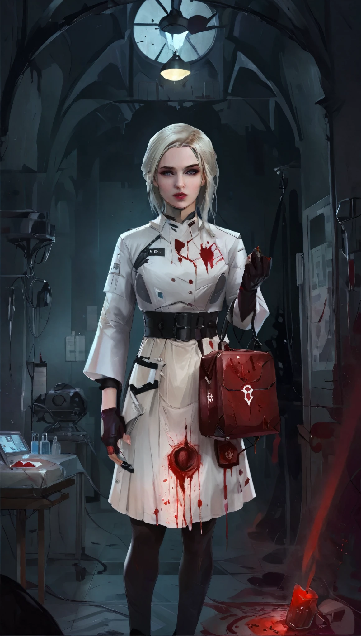 a picture of vampire nurse in a dark hospital, goth hospital, exquisite beautiful nurse, ((full body shot: 1.5)), ((anatomically correct: 1.5)), (ultra detailed face: 1.2), pale skin, dynamic hair style, dynamic hair color, wearing white silk nurse robes, white skirt,(holding blood transfusion bag: 1.3), BloodSoakedAI,  goth hospital background, dark fantasy art, goth art, Hyperrealism style, vibrant, Ultra-high resolution, High Contrast, (masterpiece:1.5), highest quality, Best aesthetics), best details, best quality, highres, ultra wide angle, 16k, [ultra detailed], masterpiece, best quality, (extremely detailed) RAW, BloodSoakedAI, valorant art style