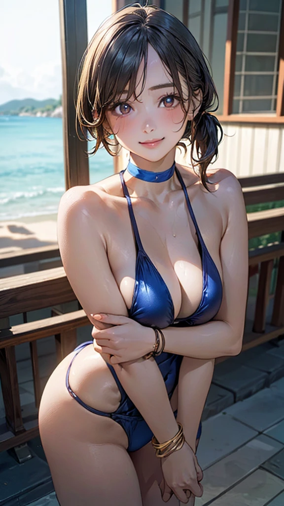 (masterpiece:1.2, Highest quality), (Realistic, photoRealistic:1.4), Beautiful illustrations, (Natural Side Lighting, Cinema Lighting), Browsing Caution,
View your viewers, Cowboy Shot, 1 girl, Japanese, Idol Sculpture, high school girl, Perfect Face, Cute and symmetrical face, Sunburn, Glowing Skin, thin,
(short hair:1.2, Side Ponytail:1.2, Blonde), Parted bangs, Golden Eyes, Long eyelashes, (Large Breasts:0.6),
Beautiful Hair, Beautiful Face, Beautiful attention to detail, Beautiful clavicle, Beautiful body, Beautiful breasts, Beautiful thighs, Beautiful feet, Beautiful fingers,
((Blue swimsuit), Black choker, Wrist Chakra),
(Beautiful views), Tropical beach, (Cute smile, Upward glance),