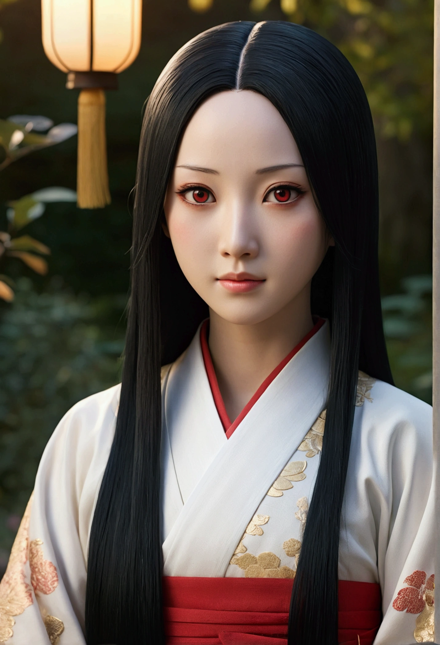 A super realistic depiction of Kaguya Shinomiya from Kaguya-sama: Love is a battle, Standing in a quiet Japanese garden at dusk, (Detailed black hair:1.2), (Realistic Facial Features:1.3), Dress her with realistic fabric texture, (Expressive red eyes), (Soft golden lighting), (Intricate details:1.1), (Calm background), (Enchanting atmosphere)