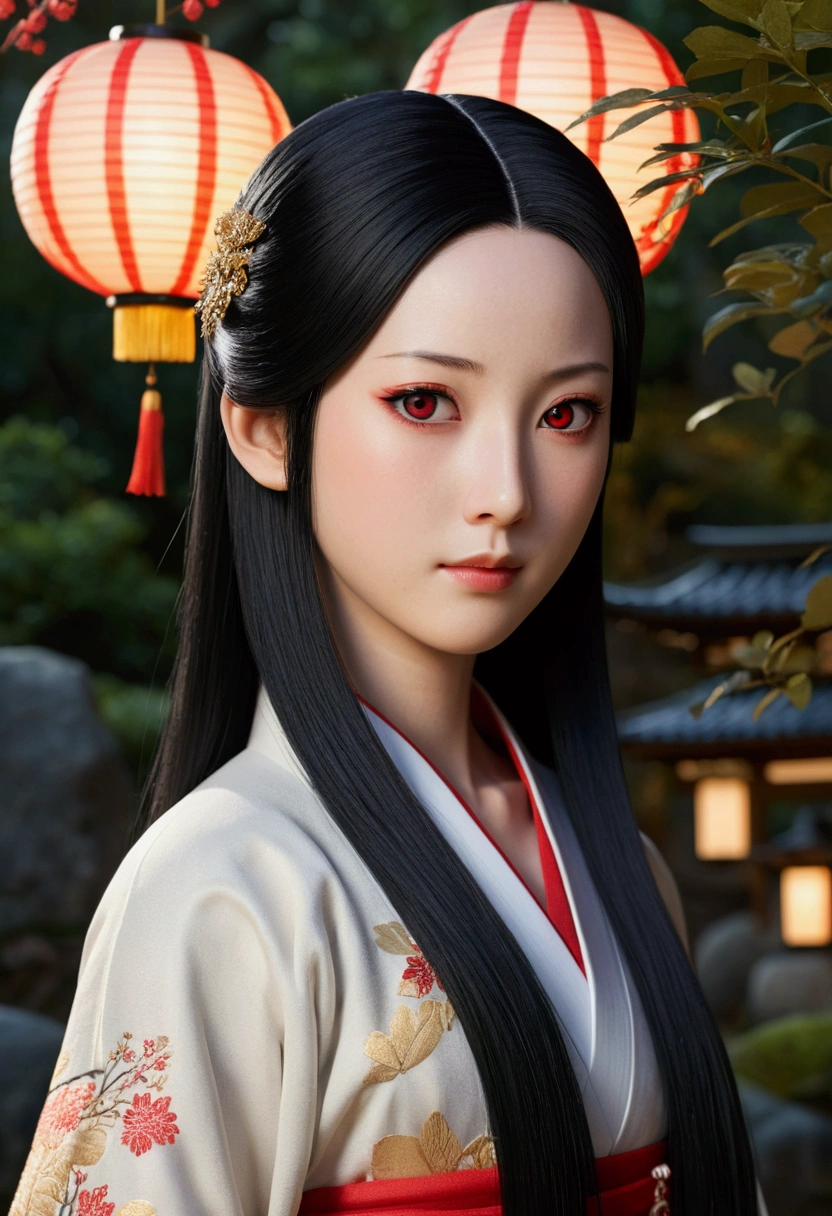 A super realistic depiction of Kaguya Shinomiya from Kaguya-sama: Love is a battle, Standing in a quiet Japanese garden at dusk, (Detailed black hair:1.2), (Realistic Facial Features:1.3), Dress her with realistic fabric texture, (Expressive red eyes), (Soft golden lighting), (Intricate details:1.1), (Calm background), (Enchanting atmosphere)