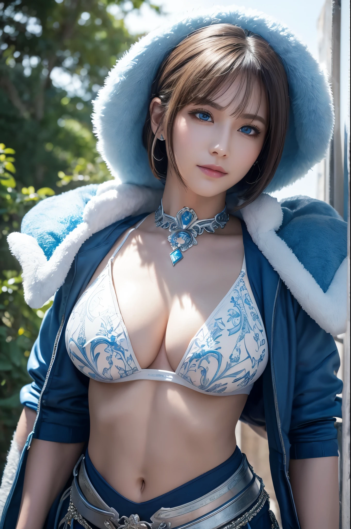 8k,非常に大きな胸と非常に大きな胸を持つアラフィフのwoman, Very detailed, so beautiful(Like the real thing),Shining Eyes,Pale skin(Ultra-Realistic Skin),smile,Muscular and macho、そしてスレンダーボディの悪魔のようなwoman,Short blue mohawk(Blue Shorthair),woman&#39;My abdominal muscles are severely torn,Fan Art Best Art Station, うわー and Types of bacteria,  Types of bacteria, 2. 5d cgi anime Fantasy artwork, High quality and detailed art, Up to the model ,Photorealistic RAW photos of the highest quality。so beautiful(Like the real thing顔) Bright colors、完璧なwomanのイメージ,Art Station Trends、masterpiece、Fantasy art、Ultra-high resolution,,Mr..々Pause,charm,sexy,Rich colors, Backlight, Cinema Lighting, Film Grain, to be born, 50mm lens, Nikon D850,compensate,Blue and white Arabian breastplate(Detailed Coat of Arms),In front of the ruins in the forest,View your viewers,Numerous tattoos all over the body(Accurate tattoo details),,Lean and muscular lower body,Blue and white sarouel pants,Big eyes,Muscular Beauty,Bodybuilding,