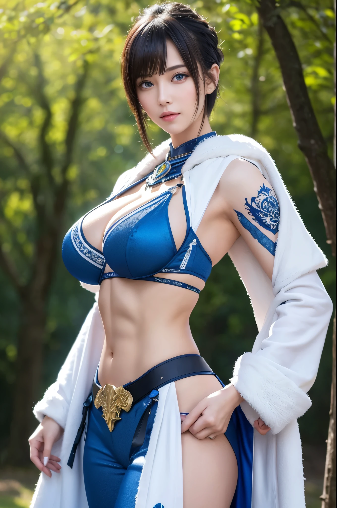 8k,非常に大きな胸と非常に大きな胸を持つアラフィフのwoman, Very detailed, so beautiful(Like the real thing),Shining Eyes,Pale skin(Ultra-Realistic Skin),smile,Muscular and macho、そしてスレンダーボディの悪魔のようなwoman,Short blue mohawk(Blue Shorthair),woman&#39;My abdominal muscles are severely torn,Fan Art Best Art Station, うわー and Types of bacteria,  Types of bacteria, 2. 5d cgi anime Fantasy artwork, High quality and detailed art, Up to the model ,Photorealistic RAW photos of the highest quality。so beautiful(Like the real thing顔) Bright colors、完璧なwomanのイメージ,Art Station Trends、masterpiece、Fantasy art、Ultra-high resolution,,Mr..々Pause,charm,sexy,Rich colors, Backlight, Cinema Lighting, Film Grain, to be born, 50mm lens, Nikon D850,compensate,Blue and white Arabian breastplate(Detailed Coat of Arms),In front of the ruins in the forest,View your viewers,Numerous tattoos all over the body(Accurate tattoo details),,Lean and muscular lower body,Blue and white sarouel pants,Big eyes,Muscular Beauty,Bodybuilding,