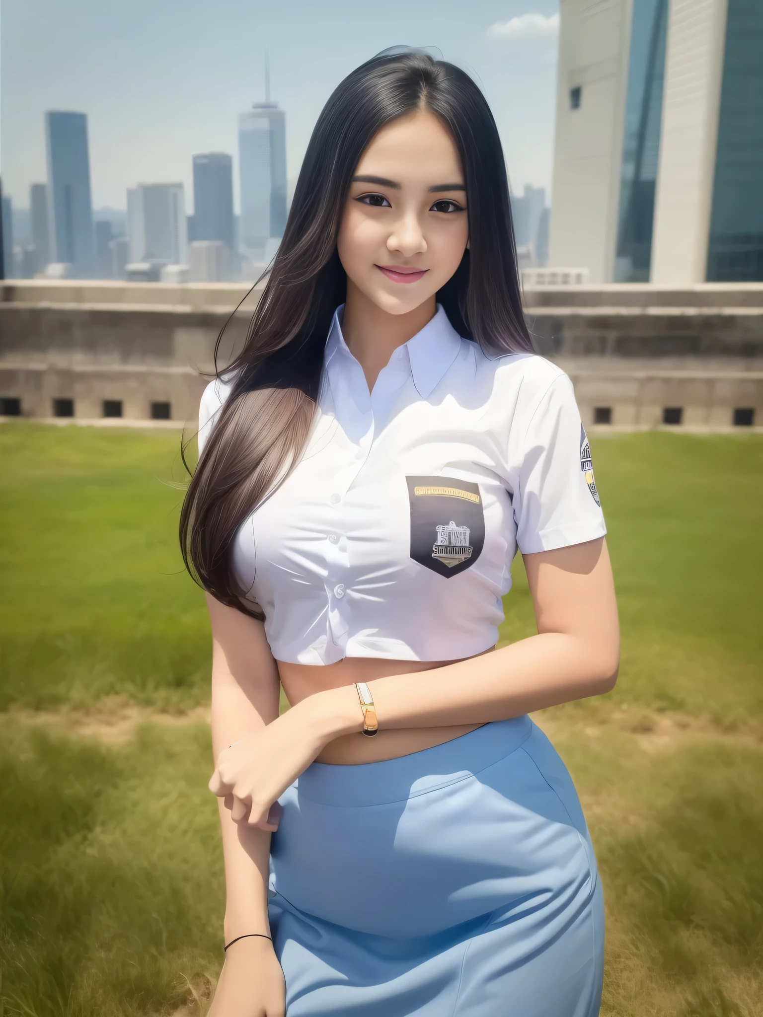 1girl, solo, (uniform), detailed Metropolitan city at the background, above head, thick breasts, semi-curvy, Sixpack abs, smooth realistic skin, tight white shirt, grey blue short skirt, looking at the audience, high angle shot,(8k, RAW photo, best quality, masterpiece: 1.3), (realistic, realistic: 1.37), ultra-high resolution, cowboy shot