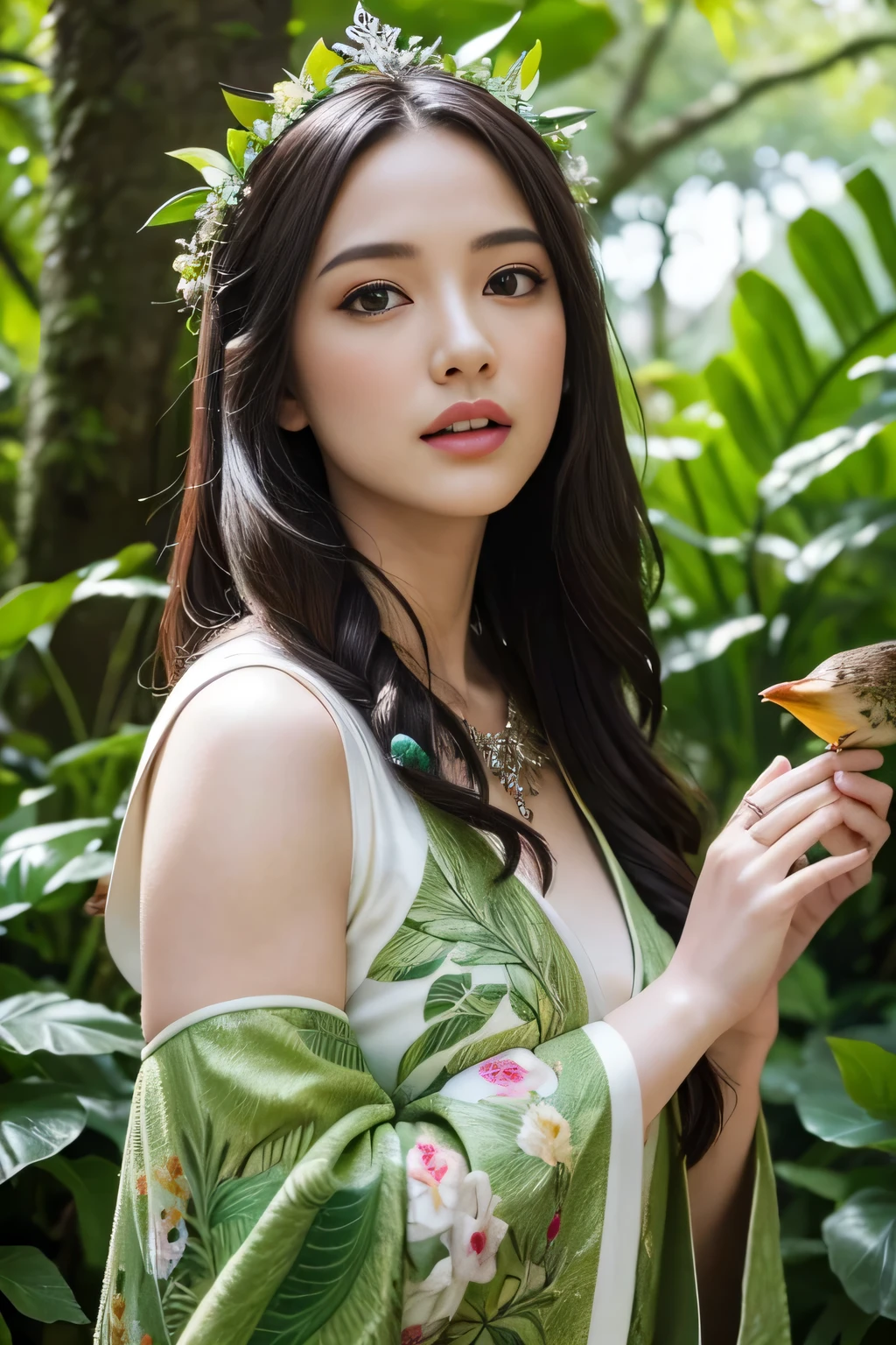 a girl in a lush jungle, beautiful detailed eyes, beautiful detailed lips, extremely detailed eyes and face, longeyelashes, barefoot, wearing a leaf crown, holding a bird, detailed nature, (best quality,4k,8k,highres,masterpiece:1.2),ultra-detailed,(realistic,photorealistic,photo-realistic:1.37),vibrant colors, natural lighting, finely detailed plants and trees, magical forest, dreamlike, fantasy