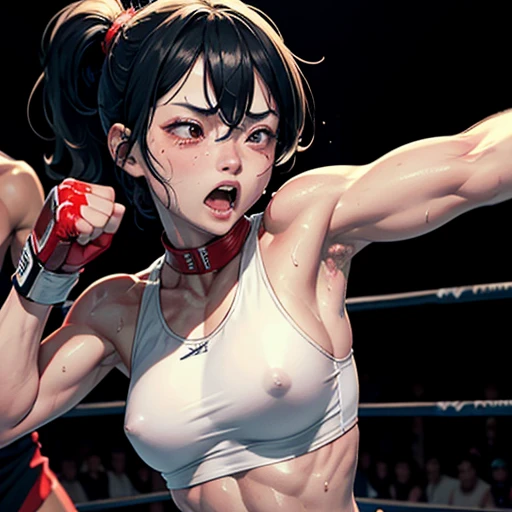 two persons a bloody japanese girl fighter and a lady fighter is fighting in the octagon ring. the lady. the lady is punching the girl's face so hard in a series . the girl has no energy. the girl is crying and screaming. the girl has short-cut black hair, shortness of breath, drool from her mouth, closed eye, exhaustion, and sweat soaked. open finger grobe. Muscularity. Six pack abs. Erect nipples.