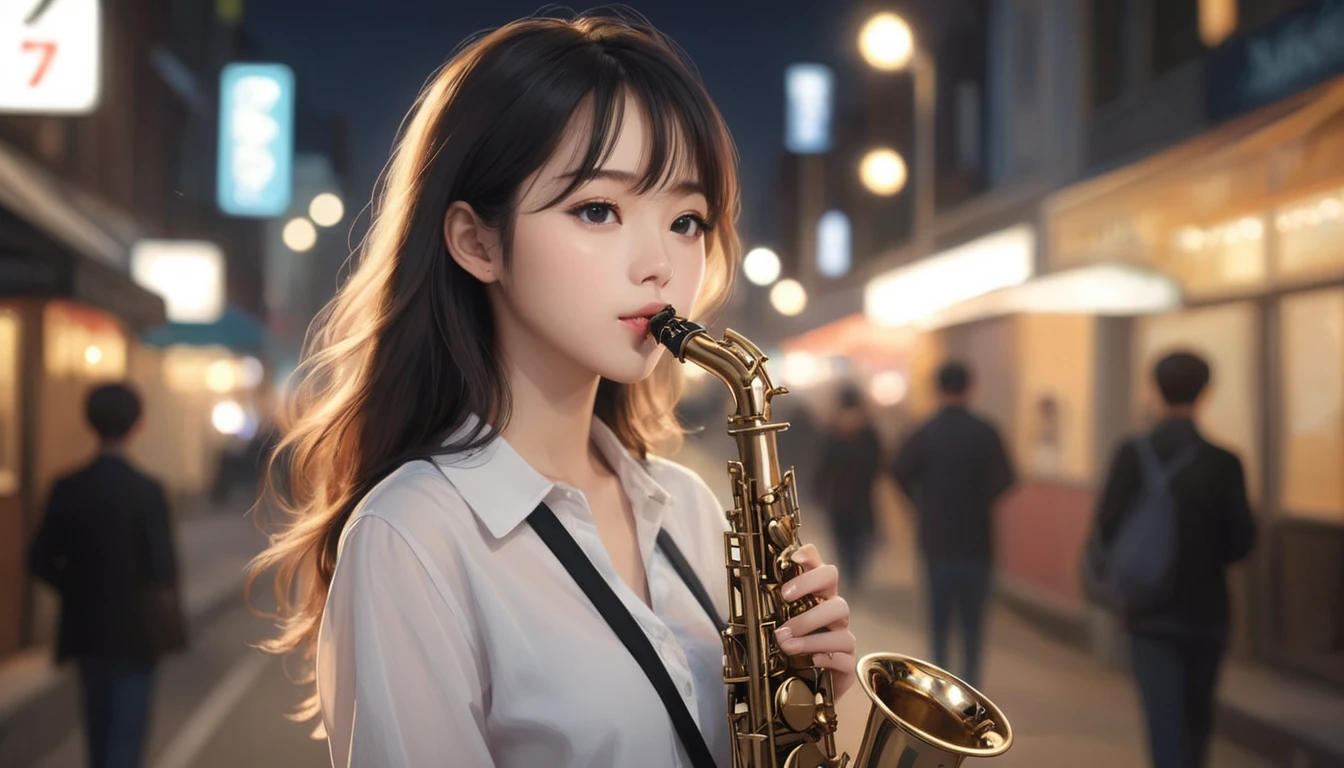 realistic ,masterpiece, best quality, girl, woman, saxophone player, highres, photo_light, {{}}, ulzzang-6500-v1.1:0.9