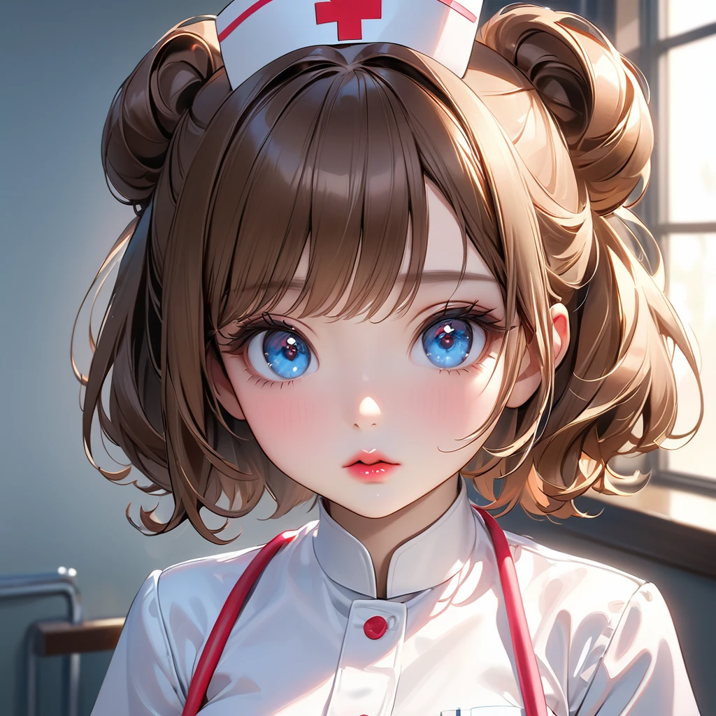 Highest quality, masterpiece, Ultra-high resolution, Realistic:1.2, RAW Photos, Intricate details, Portraiture,　Big beautiful blue eyes:1.2, Perfect contours, Girl, break　((facing viewer, upper body:1.2, upturned eyes:1.2)), ((petite, short, tiny girl:1.2)), Brown Hair、((updo:1.2)), (makeup:1.2, parted mouth, full lips:1.3, pink lips:1.2, shiny lips:1.2), ((Top-class nurse:1.2)), (Luxurious, shiny, pure white nurse uniform), break　Trying to take my temperature:1.2、 (The background is a hospital room:1.2、The morning light is shining through the window and it&#39;s dazzling.)、