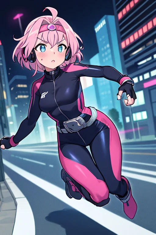 ((best quality)), ((masterpiece)), (detailed), 1 girl, full body, 20s, young adult, masked, black mask covering her entire head, smooth head, biker helmet, biker helmet with blue headphones on the sides, flashlight on her forehead, short pink hair coming out of her helmet, face, black collar, tall, slim, athletic, circles on her wrists, pink details, black fingerless gloves, pink wristbands, nanotech speedster suit that resembles light armor, blue chest with an emblem, blue chest, black suit with pink lines, pink speed emblem on her chest, pink emblem, blue pants, gray knee pads, metallic pink boots, white superhero belt, running through the city, pink light trail, laser, city background, anime