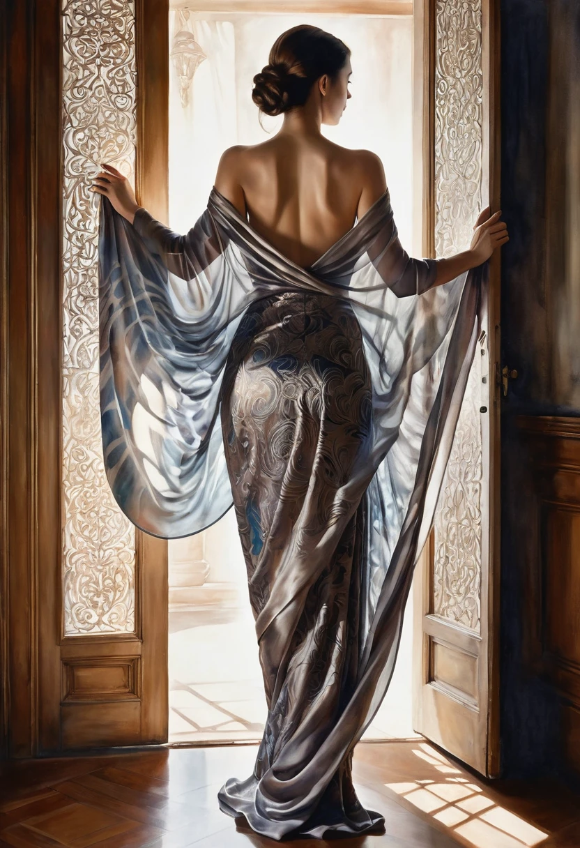 A captivating watercolor painting depicting a mysterious woman draped in silky fabric, partially revealing her enchanting figure. She stands in front of an open door, with the fabric's intricate patterns and folds adding depth to her unique appearance. The dimly lit room casts shadows and highlights, while a silver light from an unseen source further accentuates her silhouette. The painting exudes a sense of intimacy and intrigue, inviting viewers to explore the story behind this enigmatic figure.