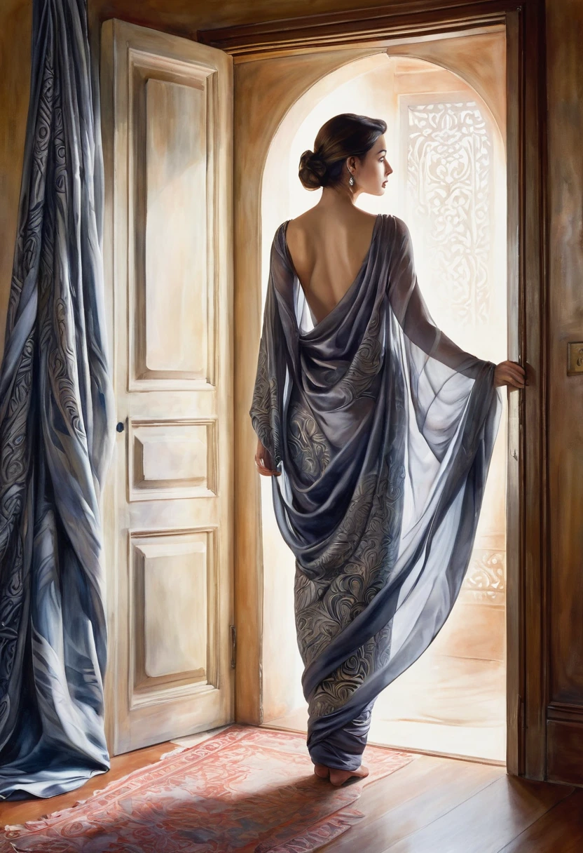 A captivating watercolor painting depicting a mysterious woman draped in silky fabric, partially revealing her enchanting figure. She stands in front of an open door, with the fabric's intricate patterns and folds adding depth to her unique appearance. The dimly lit room casts shadows and highlights, while a silver light from an unseen source further accentuates her silhouette. The painting exudes a sense of intimacy and intrigue, inviting viewers to explore the story behind this enigmatic figure.