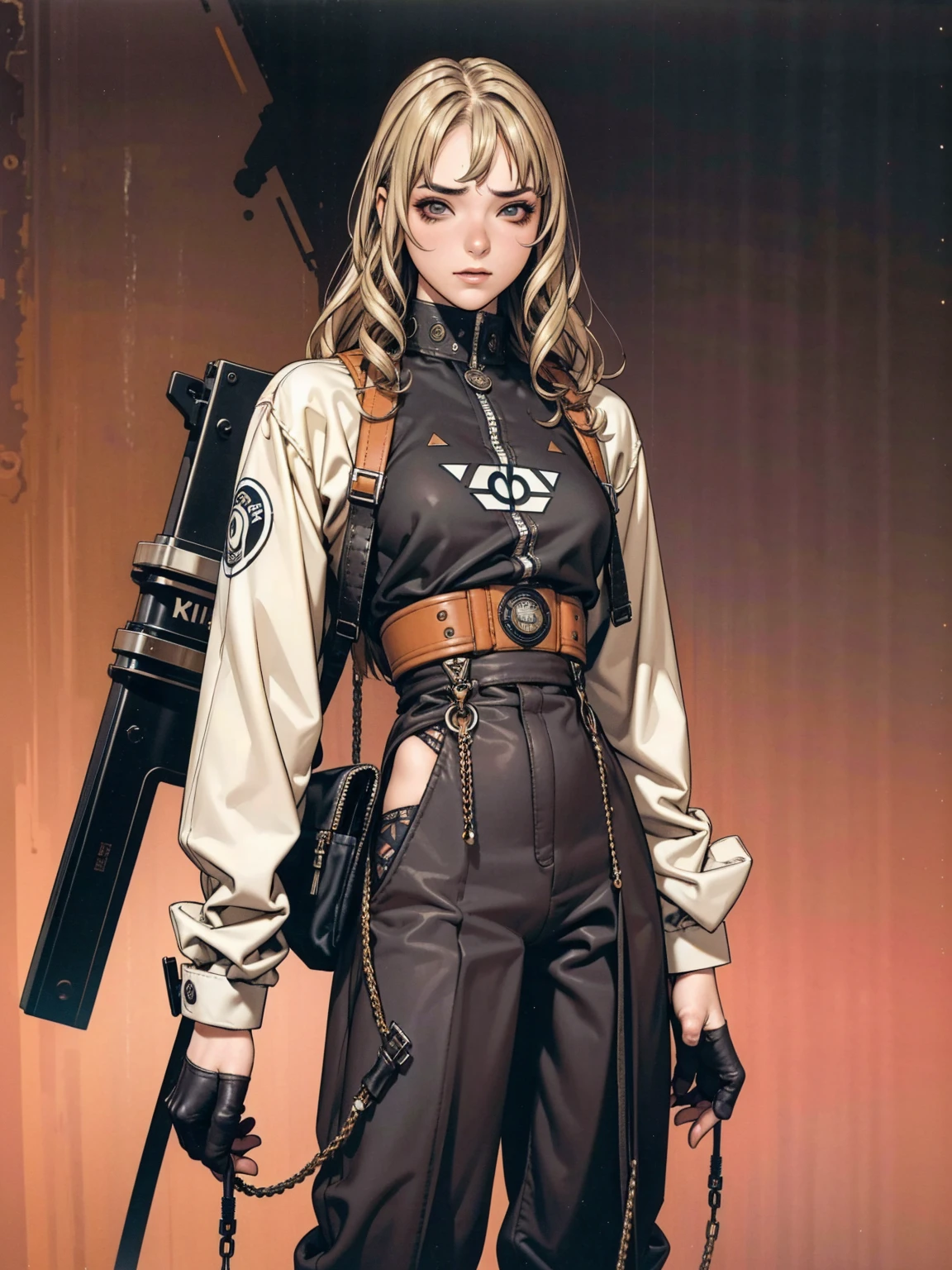 (best qualityer))), (((manga strokes))), (((blonde curly hair with bangs))), (((baggy pants with black spots))), (((Chevron pattern))), (((Rusc GFX_dark))), uma Kizi jovem muito bem vestida com roupas modernas de inverno, pants with paint splatters, top gift vertical stripes, short jacket with dark fur collar, beautiful and expressive face, slightly-smile, big eyes with long black eyelashes, heavy make-up, chains and zippers spread across clothes, contrasting colours, pose de atitude, hair with a modern and futuristic cut, urban game poster art, dramatic camera angles, graffiti art elements in the background, design mixing contemporary and retro by Shepard Fairey, (((cowboy shot))), (((best qualityer: 1.4))), (Unbeatable masterpiece), (hiper HD),(CG 8k hyper-realistic), Kizi, (((standing alone))), pirralha violent, (((14歳))), sexly, pose de atitude, work of art, post-apocalypse, (((manga style))), bounty hunter, violent, Manic, the way you want, slenderbody, thin but strong, perfectbody, roupa moderna, advanced technology, neon, chevron pattern sleeves, abandoned factory background, (( cowboy shot )). intricate visual