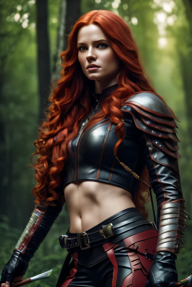 A beautiful female archer with long flowing red hair, wearing a tight-fitting leather outfit, carrying a quiver of arrows on her back, standing in a lush forest environment, (best quality, 4k, 8k, highres, masterpiece:1.2), ultra-detailed, (realistic, photorealistic, photo-realistic:1.37), extremely detailed face and eyes, HDR, UHD, studio lighting, ultra-fine painting, sharp focus, physically-based rendering, extreme detail description, professional, vivid colors, portraits, fantasy, cinematic lighting, dramatic, intricate details