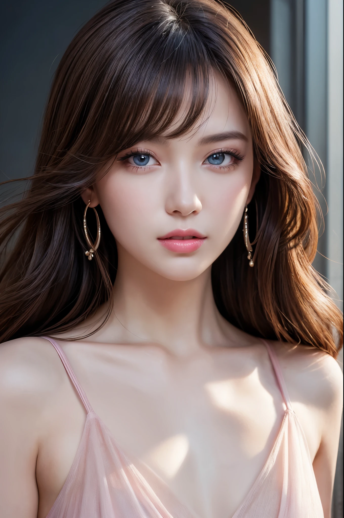 (best quality,8k,High resolution,masterpiece:1.2)，Digital artwork，a stylish woman，Adult women，Thirty years，portrait，Detailed face，delicate eyes，long curly hair，side swept bangs，blue eyes，Pink lips，Sheer dress，see through dress，8k分辨率，High-quality CG，fair