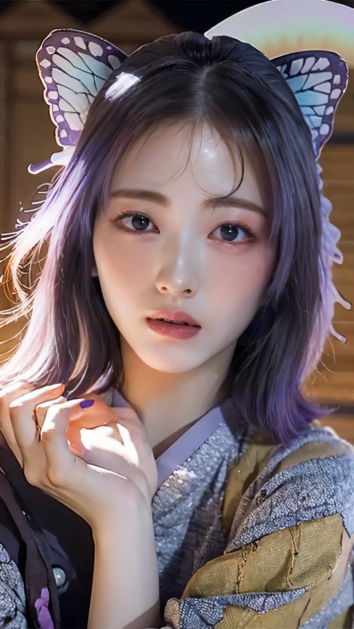 Moisturized skin, (purple eyes: 1.4), perfect body, (adult female body), embarrassed expression, shy, shy, does not make eye contact,
BREAK,
,bright red lipstick,
BREAK,
(long bangs at both ends: 1.2),(purple tips),
BREAK,
((masterpiece+best quality+high resolution+highly detailed)), (full body: 1.2),symmetrical, one shot,
BREAK,
(butterflies fluttering), (wind blowing),(battle stance: 1.4),((big full moon in the sky)),
BREAK,
(Kocho Shinobu: 1.3),dignified,