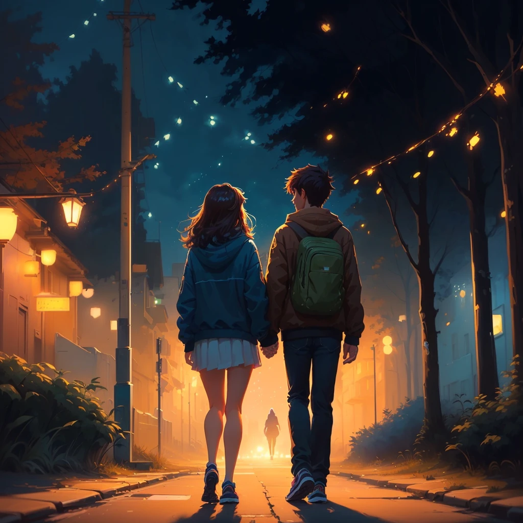 two people walking down a street at night with the lights on, background illustrations, makoto shinkai cyril rolando, Walking together, Cyril Rolando and Goro Fujita, inspired by Cyril Rolando, In the style of Cyril Rolando, Lofi Style, Lofi Stylestyle, in the style of atey ghailan, by Cyril Rolando, by Alena Aenami